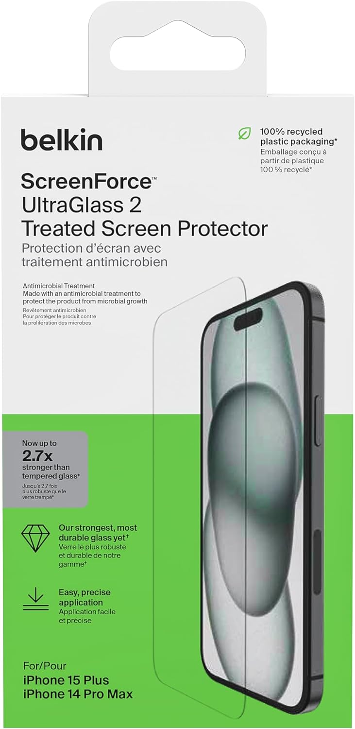 Belkin protector de pantalla con revestimiento ScreenForce UltraGlass 2 para iPhone 15 Plus, antiarañazos, grado 9H de dureza, bandeja de alineación fácil, sin burbujas, ultrafino, cobertura total