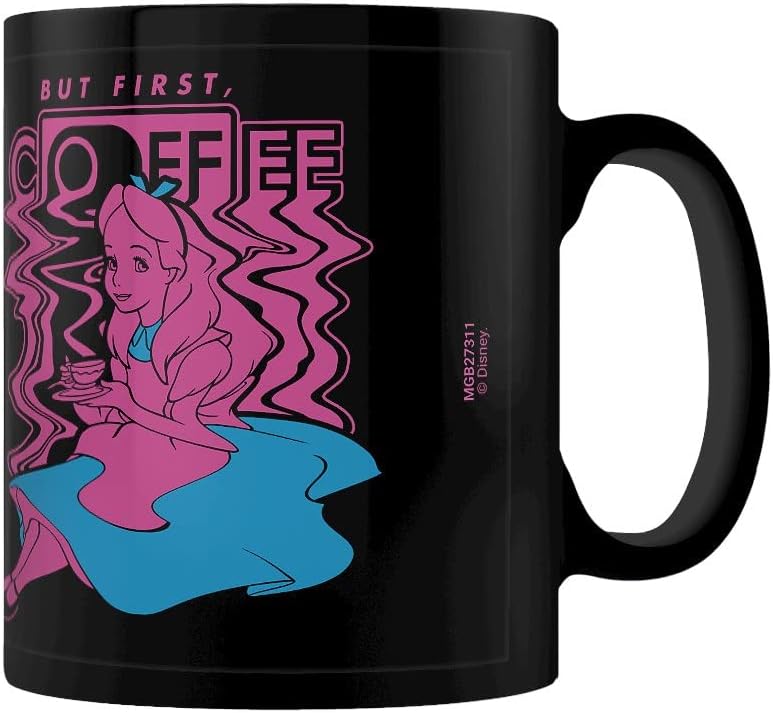 Pyramid International Disney Alice in Wonderland Mug in Presentation Gift Box (But First, Coffee Design) 11oz Ceramic Black Mug - Official Merchandise, Black,blue