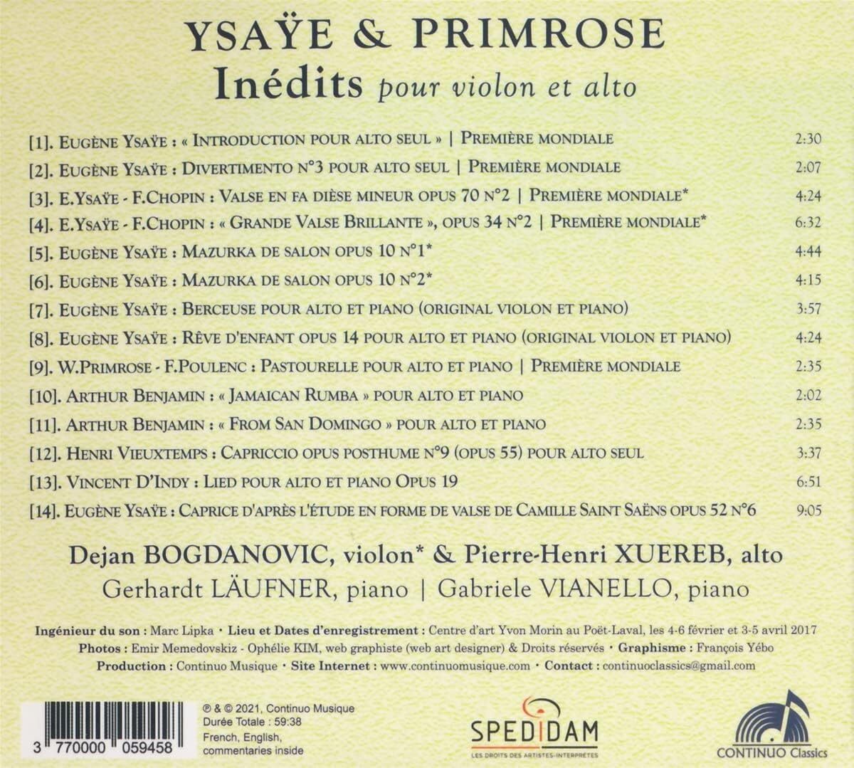 Ysaÿe/Primrose: Inédits Pour Violon Et Alto