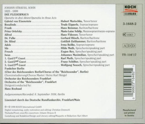 Strauß: Die Fledermaus (Gesamtaufnahme) (Aufnahme Berlin 08.09.1936
