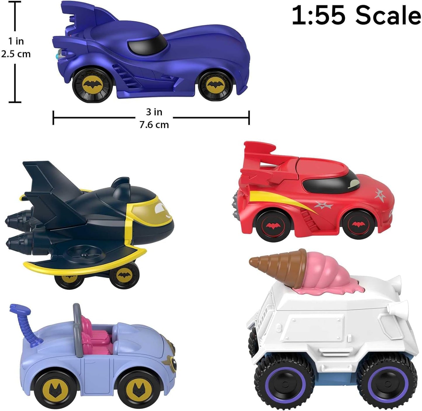 Fisher-Price DC Batwheels 1:55 Scale Toy Cars 5-pack, Bam Batmobile Redbird Kitty Snowy & Batwing, Batcast Metal Diecast Vehicles, Ages 3+, HML20