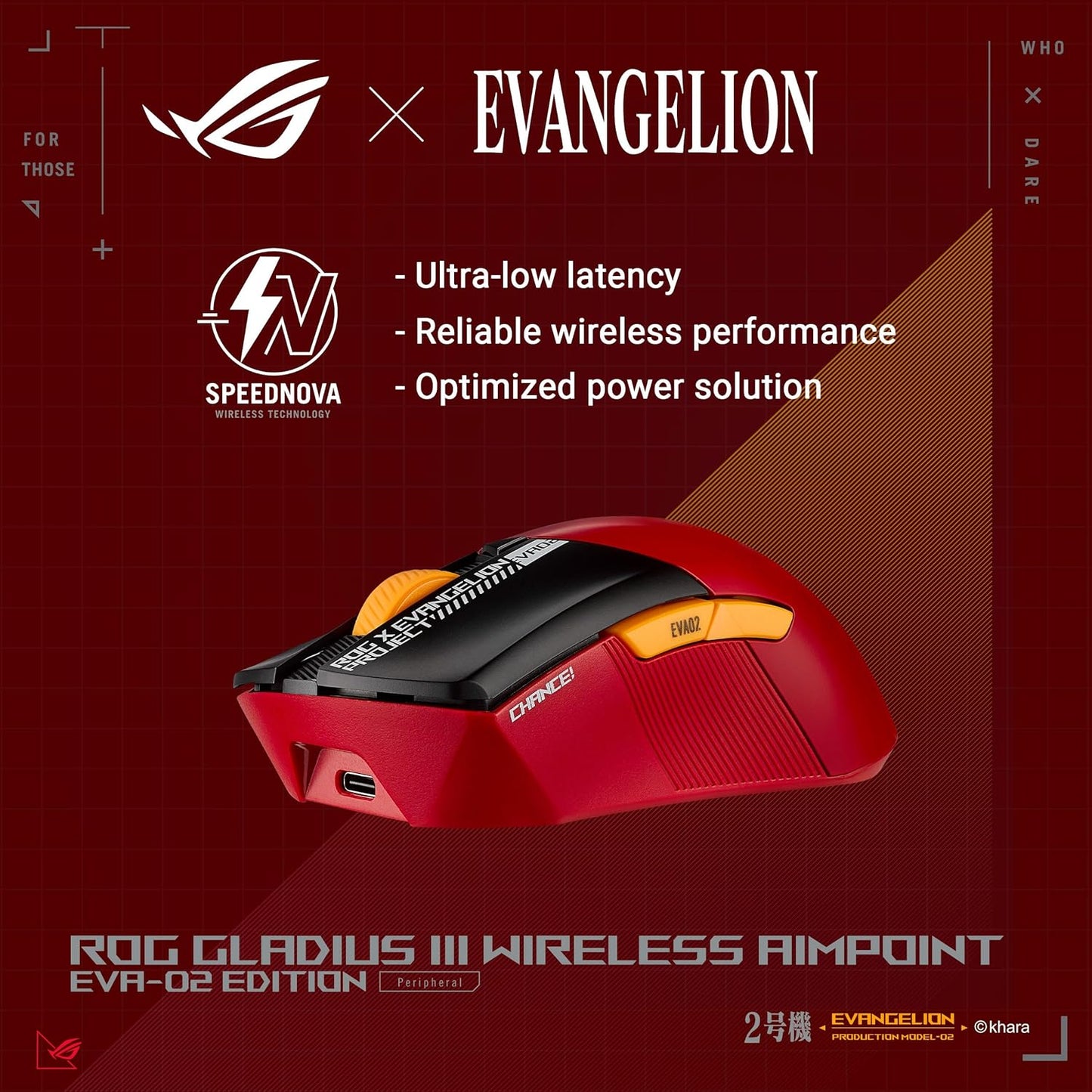 ASUS ROG Gladius III Wireless AimPoint EVA-02 Edition Gaming Mouse, 2.4GHz RF, Bluetooth, 36K dpi Sensor, 6 Programmable Buttons, ROG SpeedNova, Replaceable Switches, Paracord Cable, Red