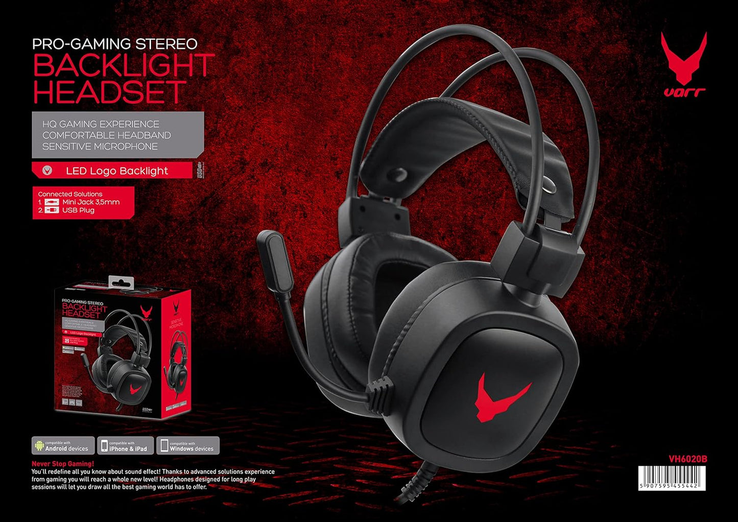 Varr VH6020B Over-Ear Gaming Headphones with Microphone and LED Backlight