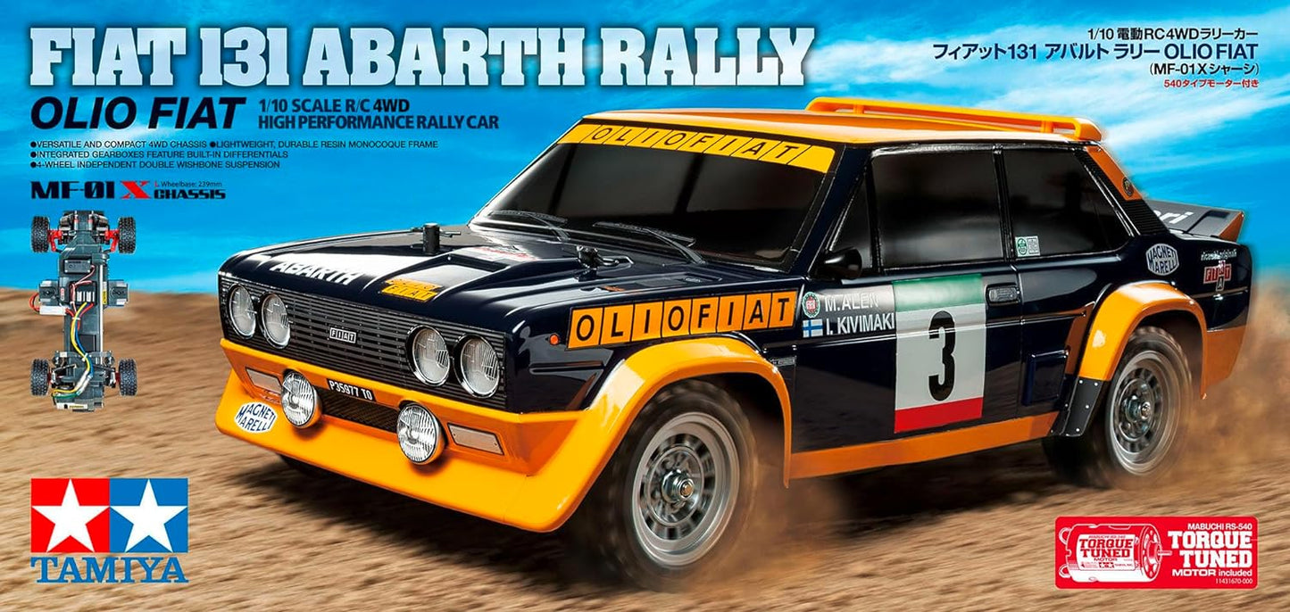 TAMIYA 58723 1:10 131 Abarth Olio Fiat MF-01X-Remote Controlled Car, Vehicle, Model Building, Assembly, Hobby, RC Kit, Unpainted