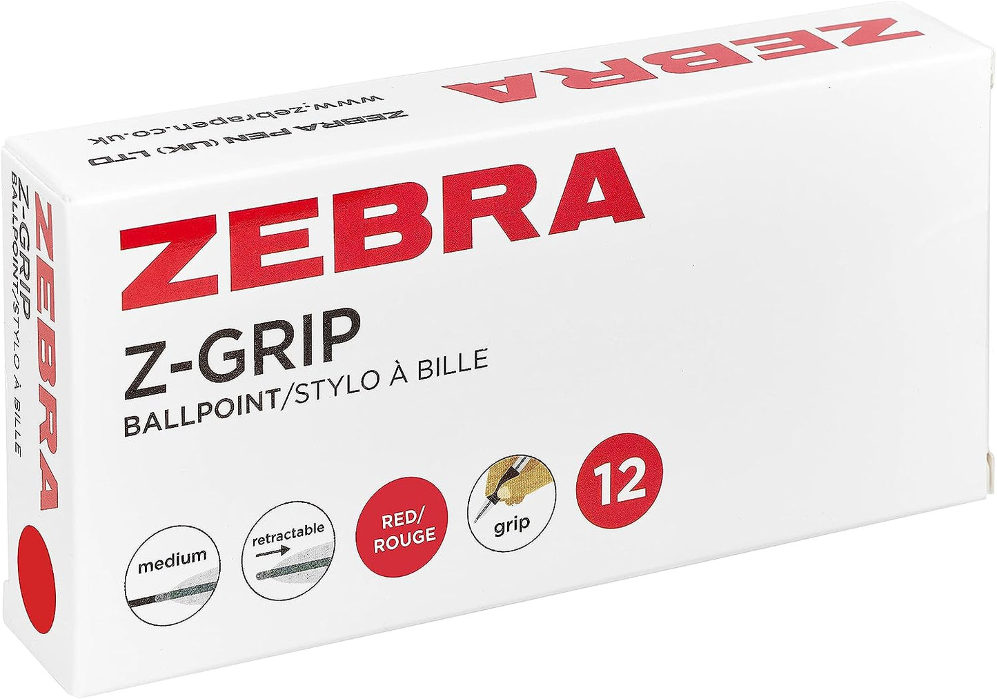Zebra Z-Grip Medium Retractable Metal Clip Ball Pen - Red (Pack of 12