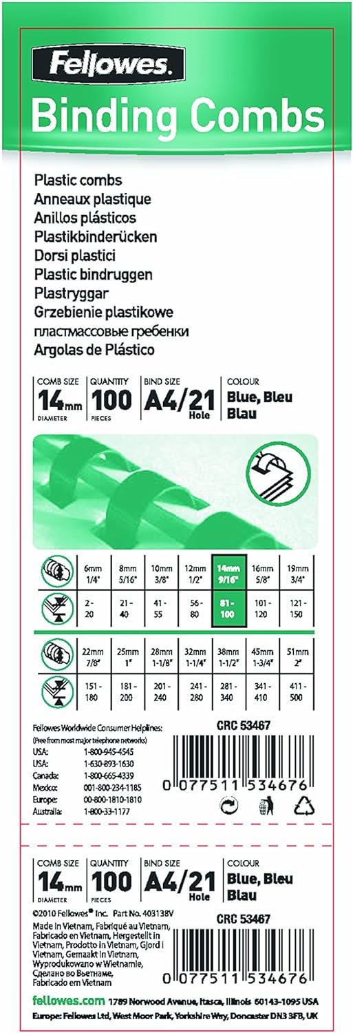 Fellowes Canutillos de plástico para encuadernar, Azul, 14 mm