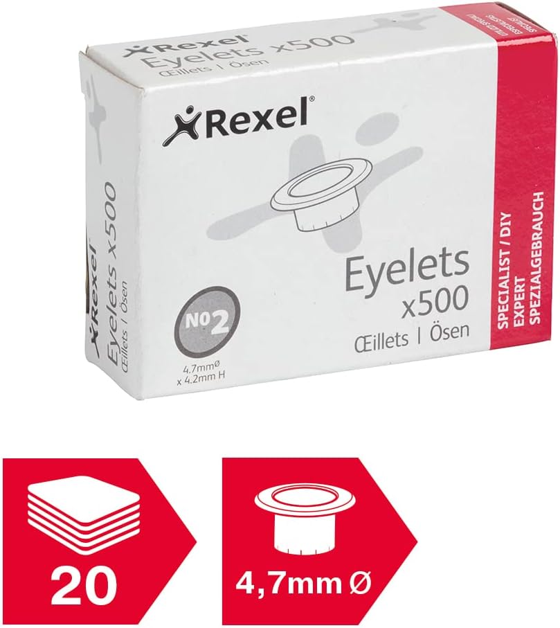 Rexel Natural Brass Finish Eyelets, For up to 20 Sheets, 4.7 mm Diameter and 4.2 mm Length, Use with Hole Punch and Eyelet Pliers, Copper Plated, Pack of 500, 20320051