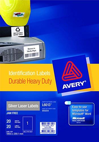 Avery Resistant Labels 210 x 297 mm Permanent 1 Labels Per Sheet (20 Labels Per Pack) L6013-20.UK