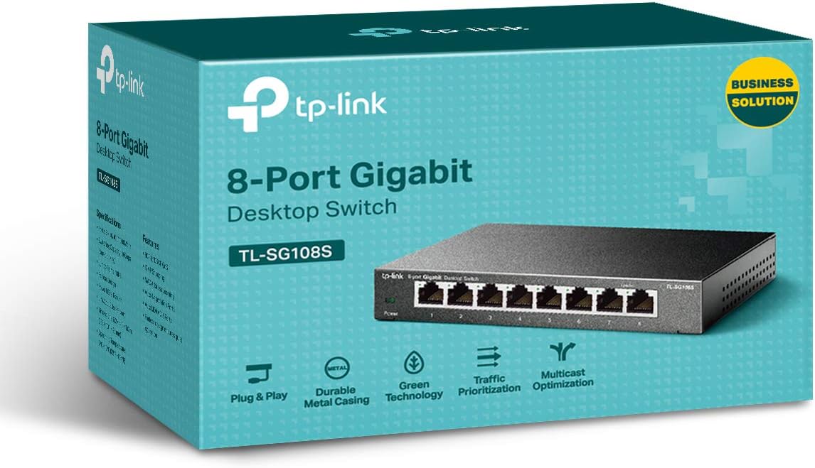 TP-Link TL-SG108S, 8 Port Gigabit Ethernet Network Switch, Ethernet Splitter, Hub, Desktop and Wall-Mounting, Sturdy Metal, Fanless, Plug and Play, Energy-Saving 8-port Gigabit|Metal case