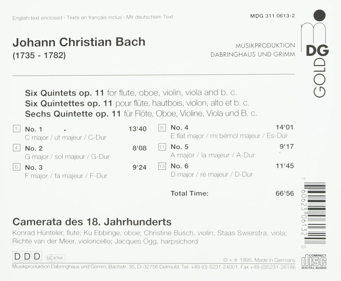 J.C. Bach: 6 Quintets op.11