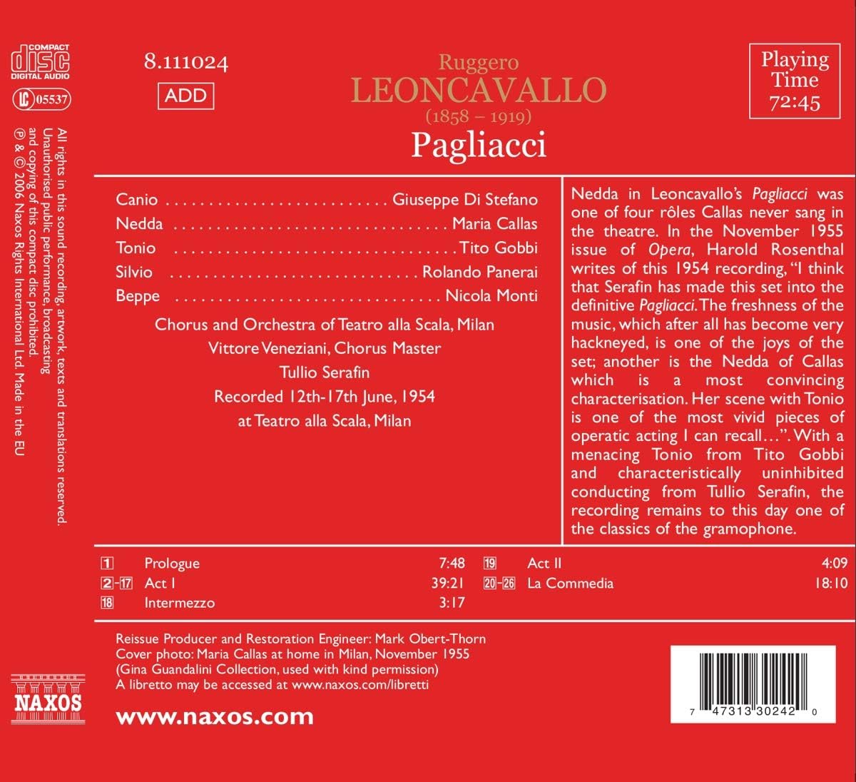 Pagliacci (Serafin, La Scala Chorus and Orchestra, Callas)