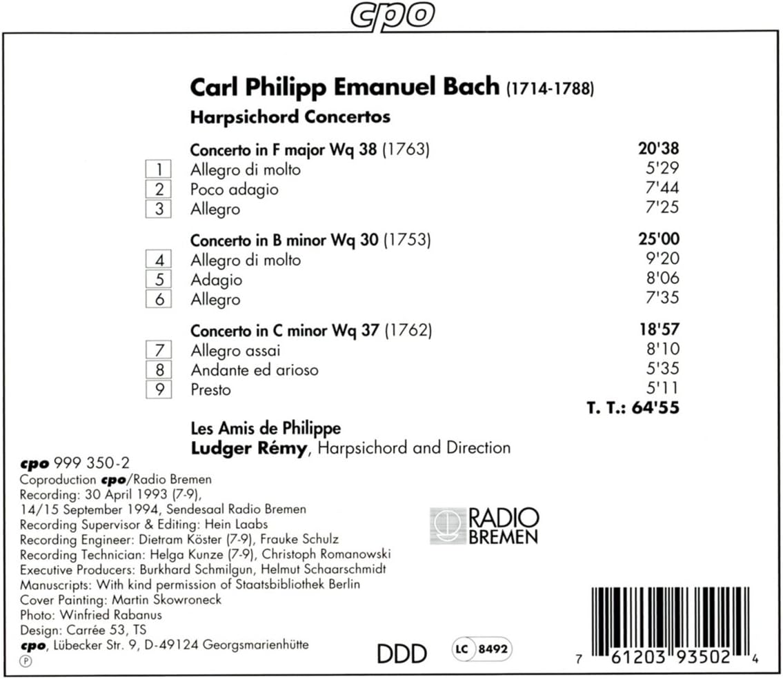 Harpsichord Concertos Wq30 & 37 (Remy, Les Amis De Philippe)