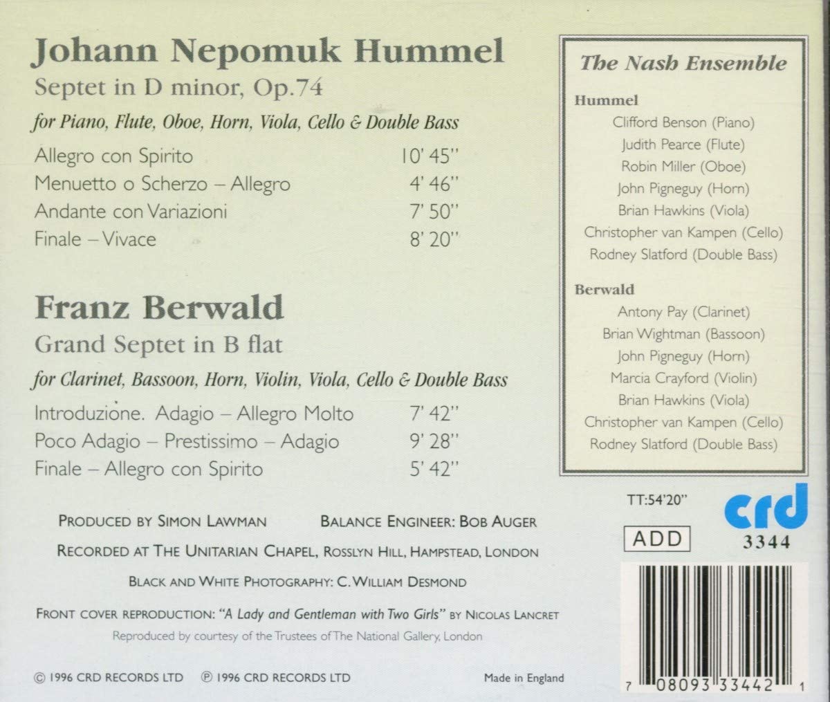 Franz Berwald: Grand Septet in B flat, Johann Nepomuk Hummel: Septet Op. 74
