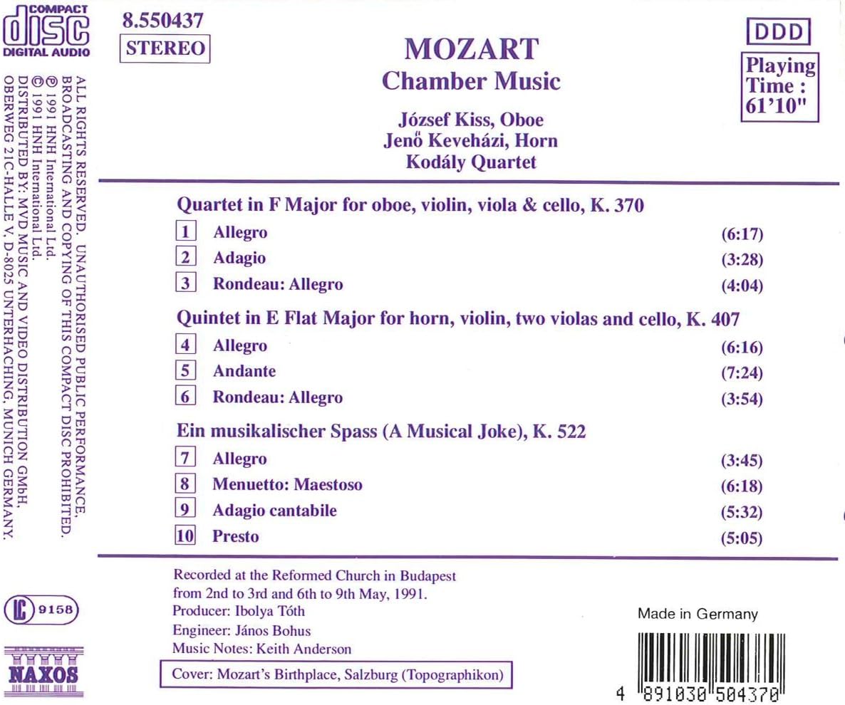 Oboe Quartet, Horn Quintet (Kiss, Kevehazi, Kodaly Quartet)