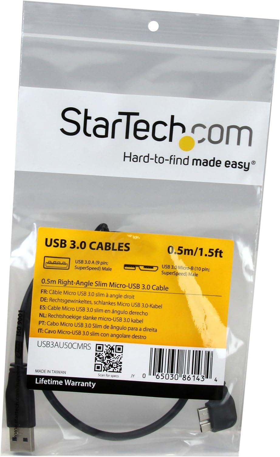 StarTech.com 0.5m 20in Slim Micro USB 3.0 Cable M/M - Right-Angle Micro-USB - USB 3.0 A to Micro B - Angled Micro USB 3.1 Gen 1 5Gbps (USB3AU50CMRS),Black