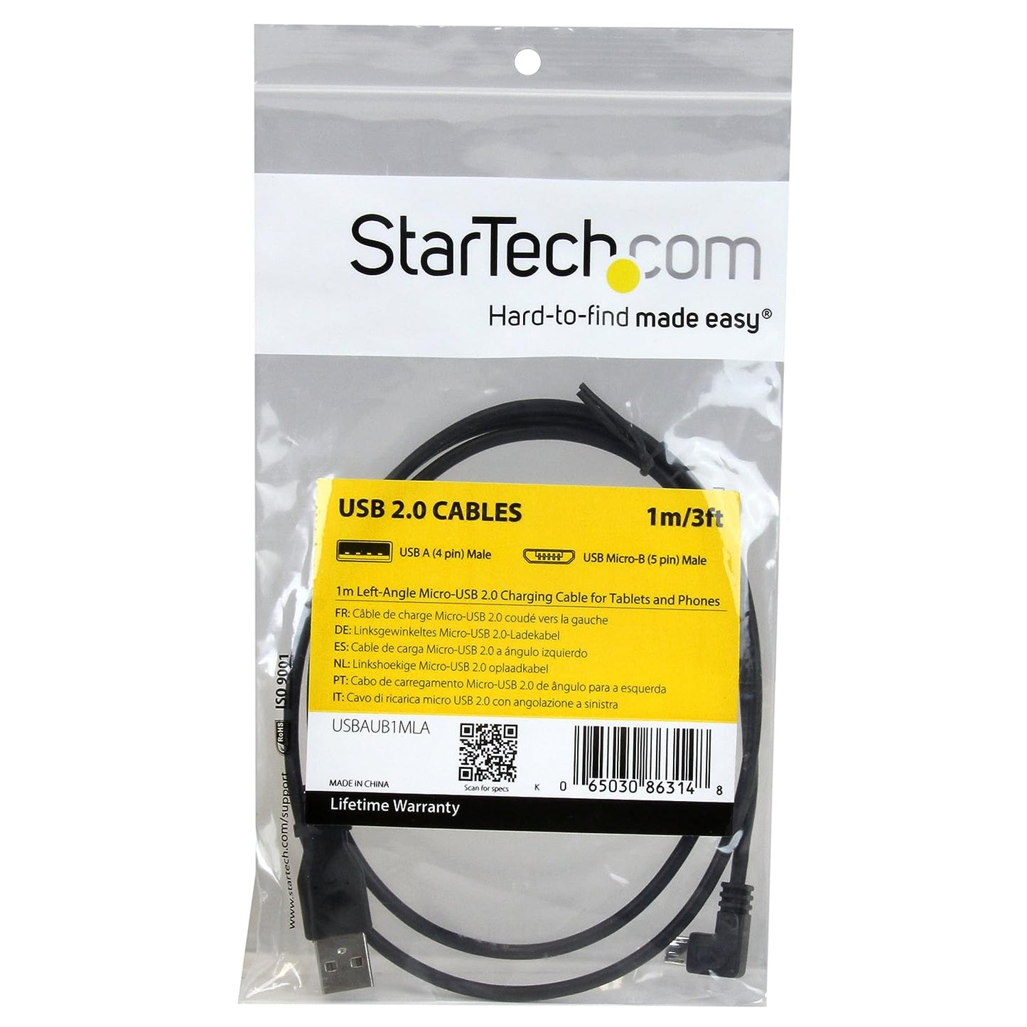 StarTech.com 1m 3 ft Micro-USB Charge-and-Sync Cable - Left-Angle Micro-USB - M/M - USB to Micro USB Charging Cable - 30/24 AWG (USBAUB1MLA