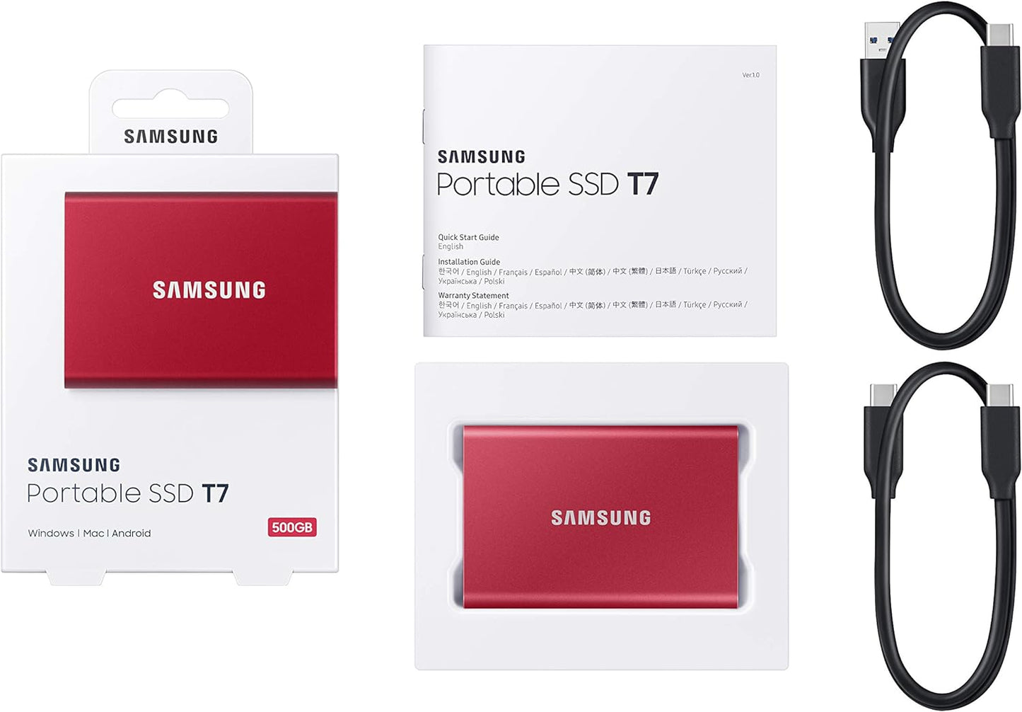 Samsung T7 Portable SSD - 500 GB - USB 3.2 Gen.2 External SSD - Metallic Red (MU-PC500R/WW) 500 GB T7 Red