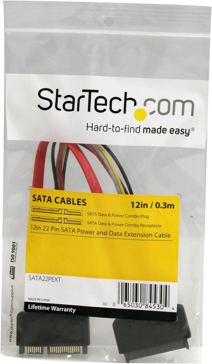 StarTech.com 12in 22 Pin SATA Power and Data Extension Cable - 1ft SATA data power Extension - 12 inch SATA Extension (SATA22PEXT