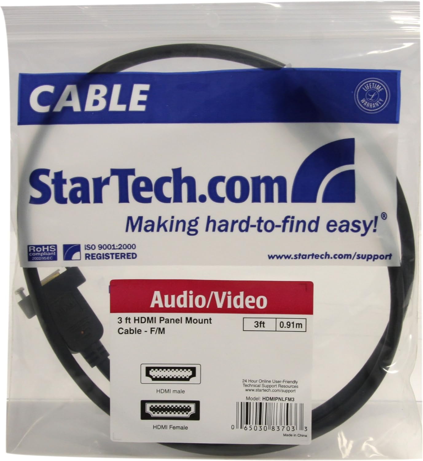 StarTech.com 3ft HDMI Female to Male Adapter, 4K High Speed Panel Mount HDMI Cable, 4K 30Hz UHD HDMI, 10.2 Gbps Bandwdith, 4K HDMI Female to HDMI Male, HDMI Panel Mount Connector Cable (HDMIPNLFM3