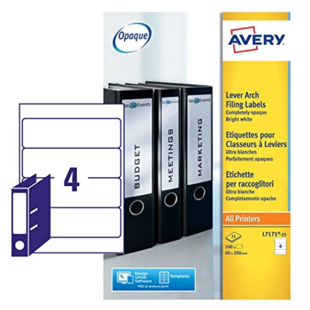 Avery L7171-25 Self-Adhesive Lever Arch File Labels, 4 Labels Per A4 Sheet, 100 Labels Per Pack
