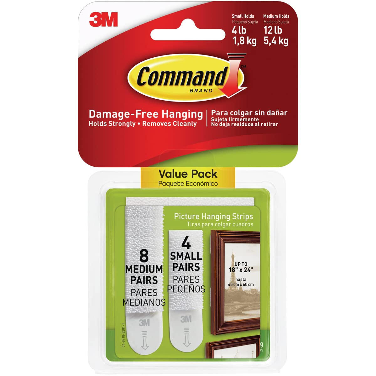 3M Command Picture Hanging Strips Value Pack 8 Medium 4 Small White (Pack 12) 17203 - 7100235893