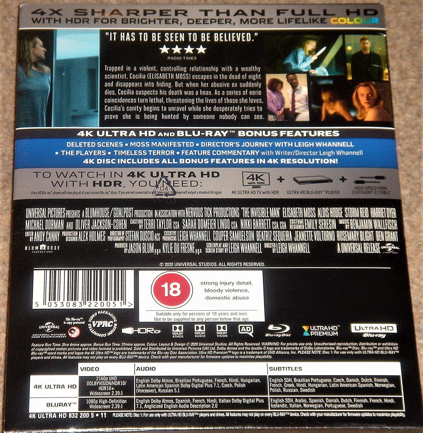 THE INVISIBLE MAN 4K ULTRA HD+BLU RAY COLLECTORS STEELBOOK / 4K HDR10+ & DOLBY VISION