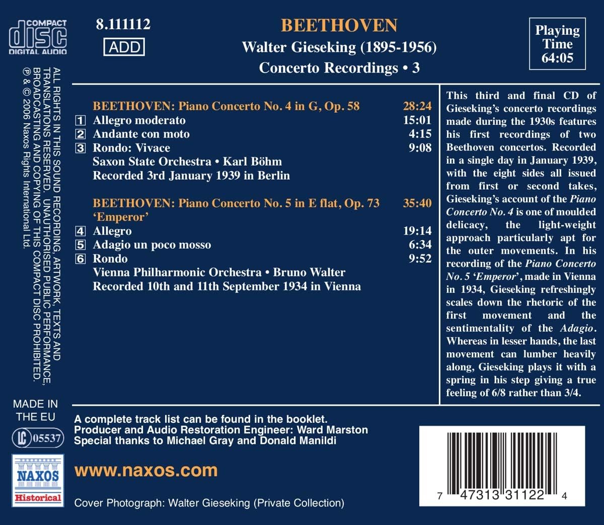 Piano Concertos Nos. 4 and 5 (Walter, Vpo)