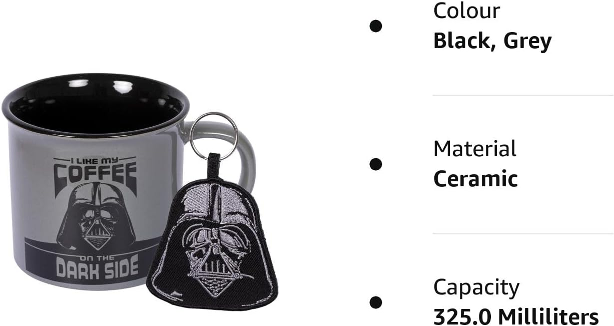 Star Wars Darth Vader Mug and Keyring Set in Presentation Gift Box (Coffee Dark Side Design) 11oz Ceramic Campfire-Style Mug and Woven Key Fob - Official Merchandise