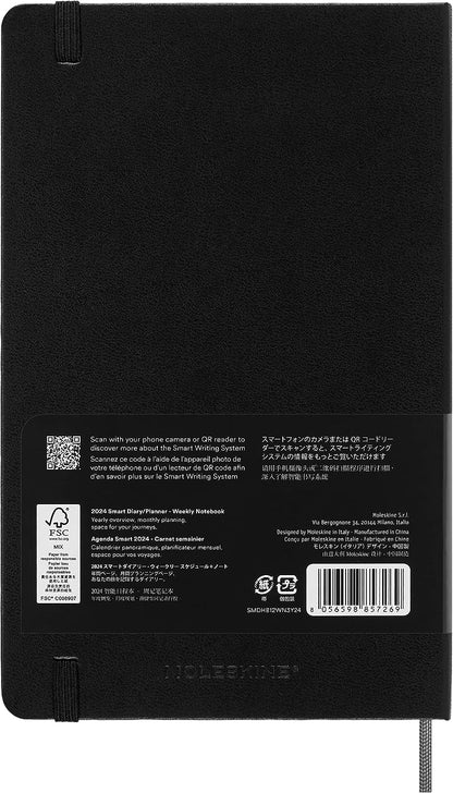 Moleskine Weekly Smart Planner 12 Months 2024, Smart Planner, Agenda 2024, Elastic Closure, Black Colour