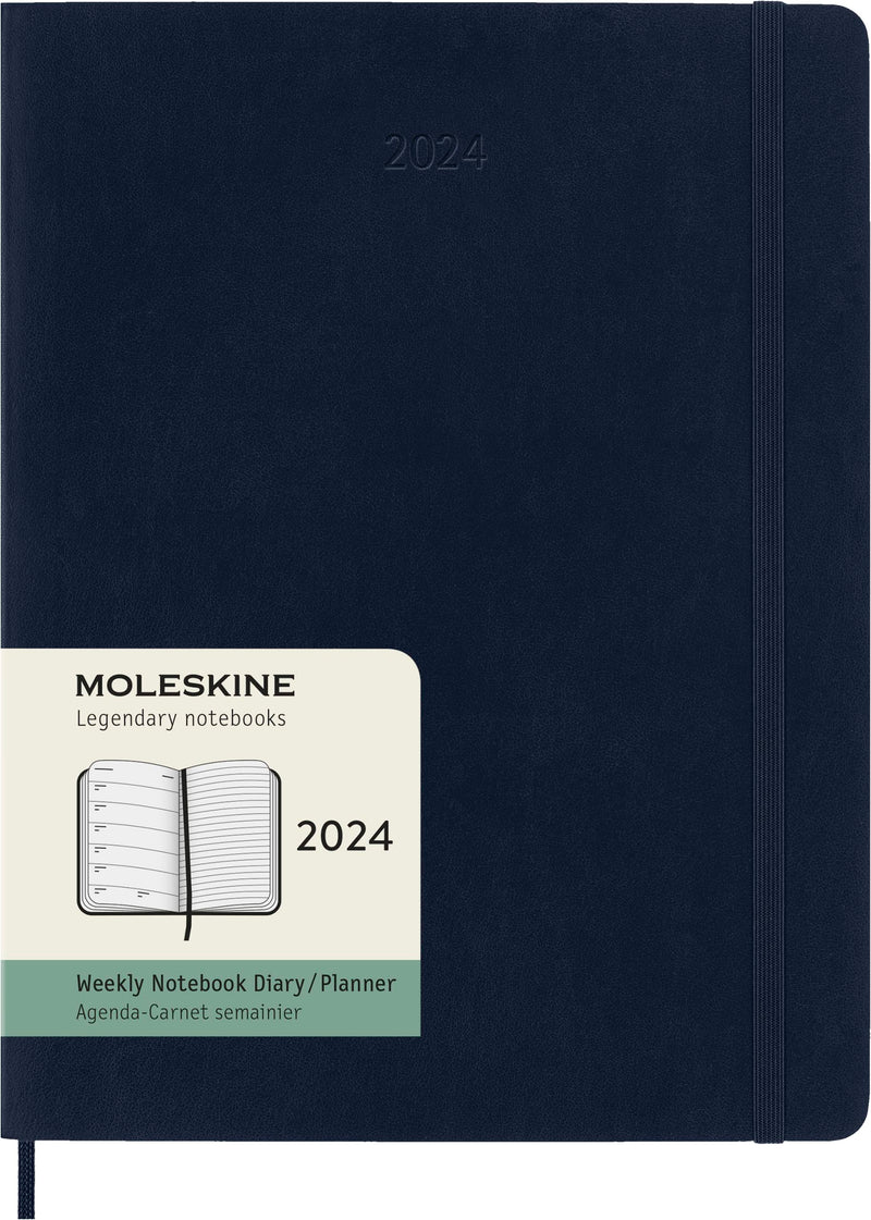 Moleskine Weekly Agenda with Space for Notes 12 Months 2024, Agenda 2024, Size XL 19x25, Soft Cover and Elastic Closure, Colour Sapphire Blue Weekly Notebook Soft Cover - XL Sapphire Blue