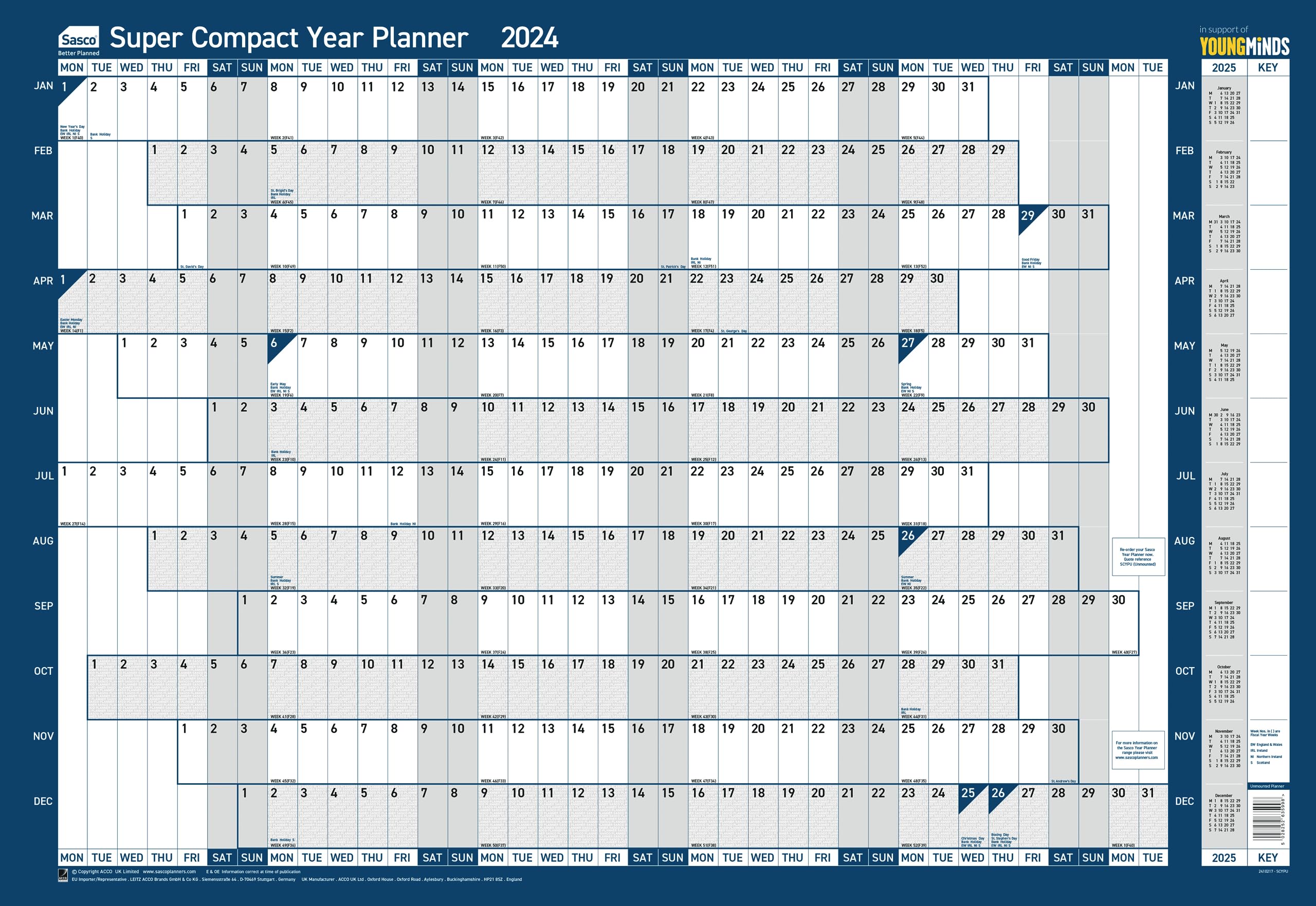 Sasco 2024 Super Compact Yearly Wall Planner, Paper Mini Whiteboard Poster Style Dry Erase Calendar, Small Wall Planner with Dry Erase Pen & Stickers, Wall Chart & Office Notice Board, Blue, 400x285mm Super compact size Blue Poster Style