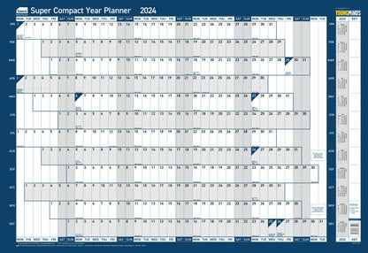 Sasco 2024 Super Compact Yearly Wall Planner, Paper Mini Whiteboard Poster Style Dry Erase Calendar, Small Wall Planner with Dry Erase Pen & Stickers, Wall Chart & Office Notice Board, Blue, 400x285mm Super compact size Blue Poster Style