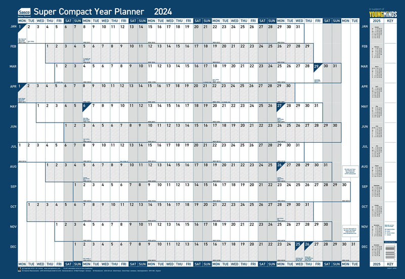 Sasco 2024 Super Compact Yearly Wall Planner, Paper Mini Whiteboard Poster Style Dry Erase Calendar, Small Wall Planner with Dry Erase Pen & Stickers, Wall Chart & Office Notice Board, Blue, 400x285mm Super compact size Blue Poster Style