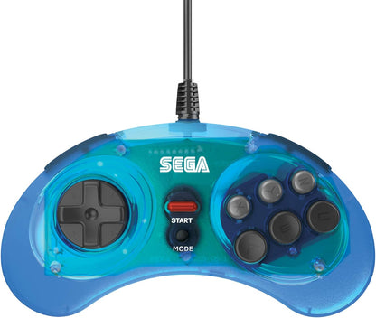 Retro-Bit Official SEGA Mega Drive USB Controller 8-Button Arcade Pad for PC, Mac, Steam, RetroPie, Raspberry Pi - USB Port - Clear Blue Single