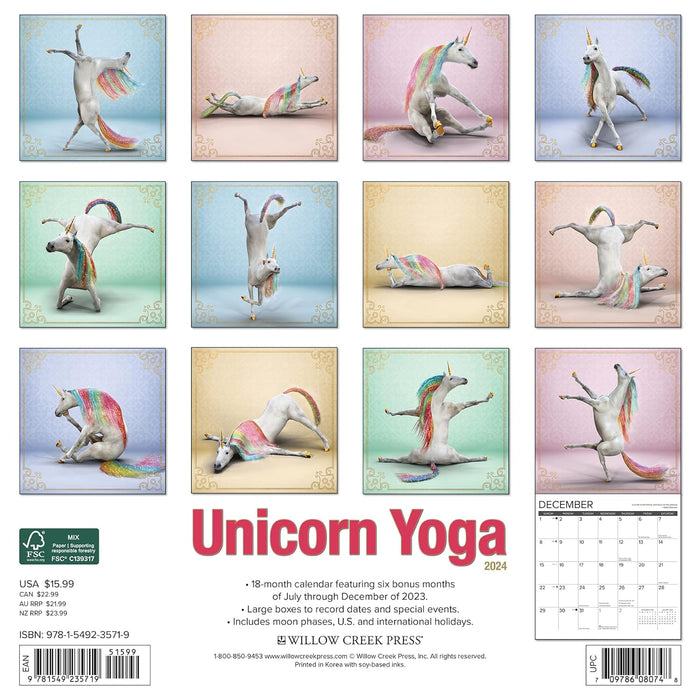 Unicorn Yoga 2024 12 X 12 Wall Calendar