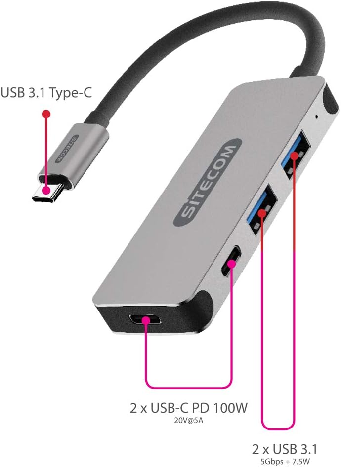 Sitecom CN-384 USB-C Hub 4 Port | USB-C Male to 2x USB 3.1 + 2x USB-C 3.1 Female Ports - Aluminum Hub