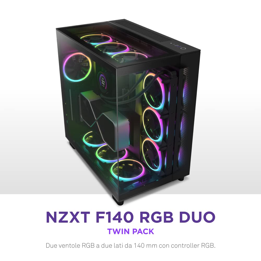 NZXT F140 RGB Duo Twin Pack - 2 x 140mm Dual-Sided RGB Fans with RGB Controller – 20 Individually Addressable LEDs – Balanced Airflow and Static Pressure – Fluid Dynamic Bearing – PWM – Black