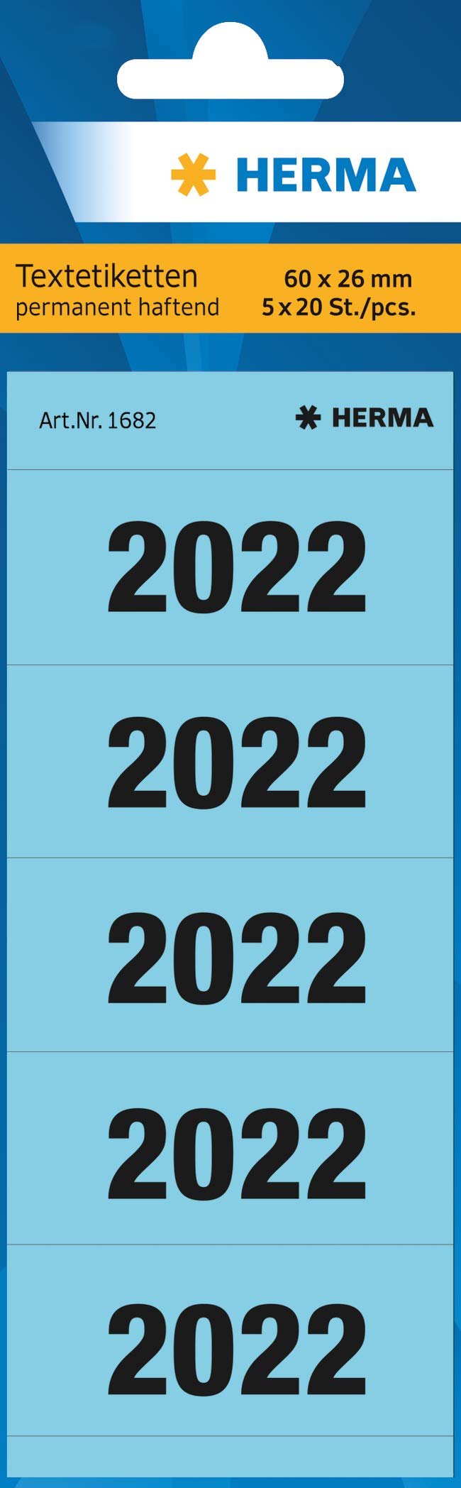 HERMA 1682 Year Numbers Stickers for Folders, 20 Sheets, 60 x 26 mm, 5 per Sheet, 100 Stickers, Self-Adhesive, Opaque Text Labels, Matte, 100 Adhesive Paper Labels, Blue 2022.