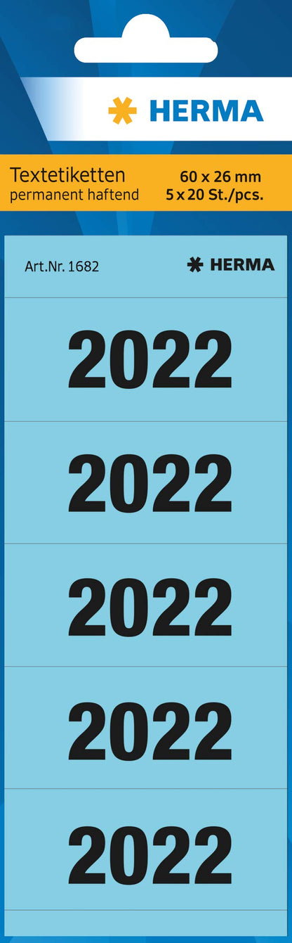 HERMA 1682 Year Numbers Stickers for Folders, 20 Sheets, 60 x 26 mm, 5 per Sheet, 100 Stickers, Self-Adhesive, Opaque Text Labels, Matte, 100 Adhesive Paper Labels, Blue 2022.