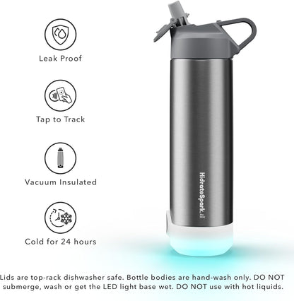 Hidrate Spark TAP Smart Water Bottle, Stainless Steel, Tap to Track Water Intake & Glows to Remind You to Stay Hydrated - Straw - Stainless 20oz 20oz Stainless