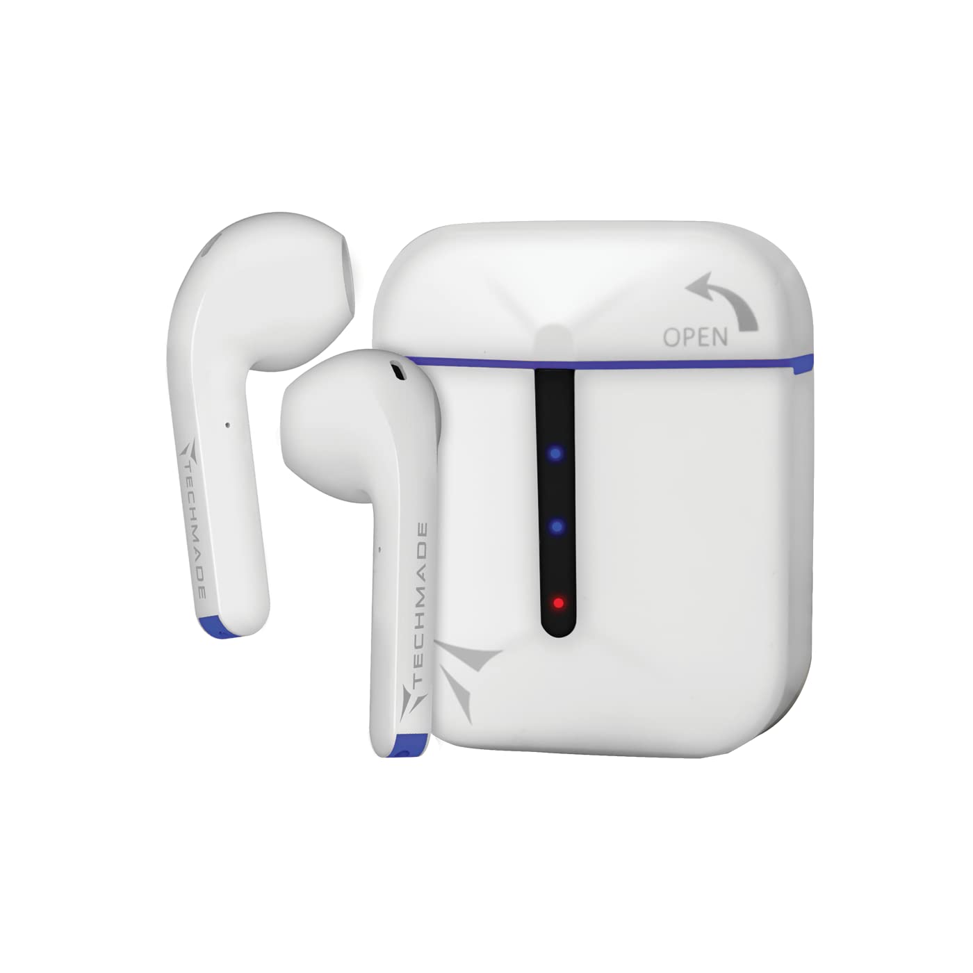 Techmade Wireless Earphones Charging Box Compatible with Voice Assistants, Integrated Microphone (White/Blue)