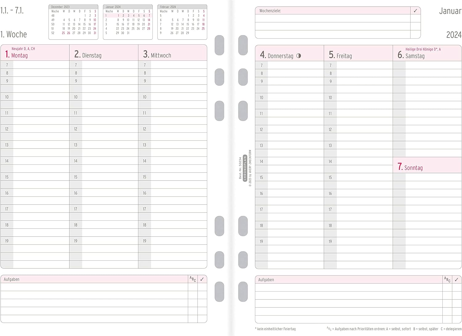 Chronoplan 50234 Calendar Insert 2024 (Weekly Plan A5 (148 x 210 mm) Replacement Calendar for Appointment Planner, Ideal for Detailed Weekly Planning, 1 Week on 2 Pages in Columns, with Universal