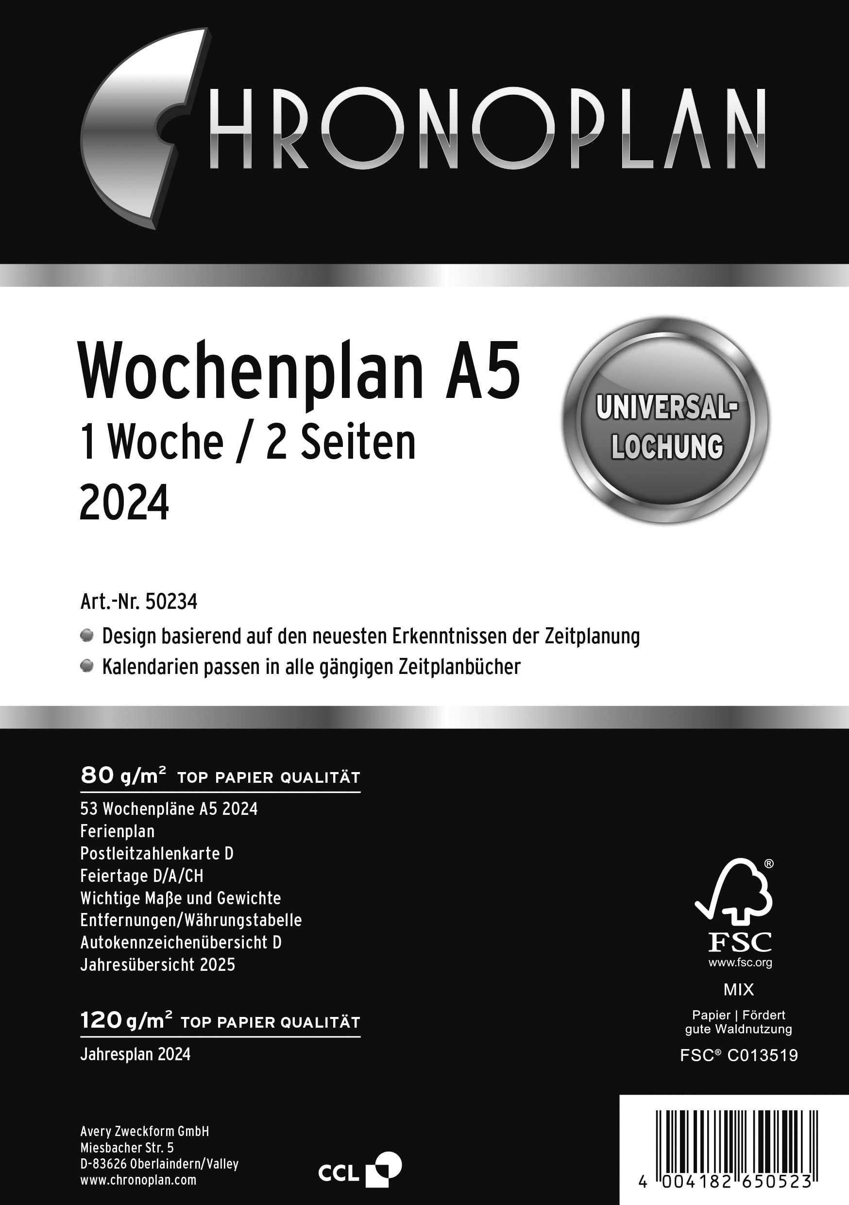 Chronoplan 50234 Calendar Insert 2024 (Weekly Plan A5 (148 x 210 mm) Replacement Calendar for Appointment Planner, Ideal for Detailed Weekly Planning, 1 Week on 2 Pages in Columns, with Universal