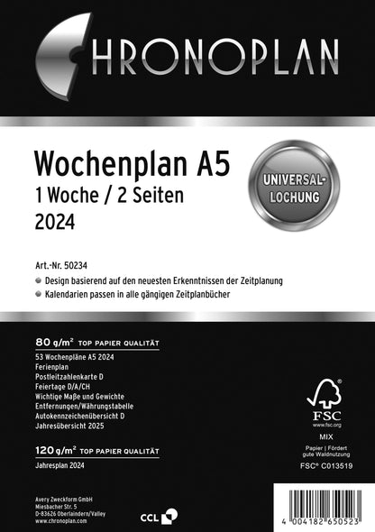 Chronoplan 50234 Calendar Insert 2024 (Weekly Plan A5 (148 x 210 mm) Replacement Calendar for Appointment Planner, Ideal for Detailed Weekly Planning, 1 Week on 2 Pages in Columns, with Universal