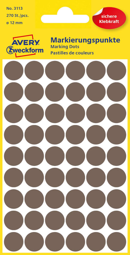AVERY Zweckform 3113 Self-Adhesive Marking Dots (Diameter 12 mm, 270 Adhesive Dots on 5 Sheets, Round Stickers for Calendars, Planners and Crafts, Paper, Matte) Taupe taupe Single