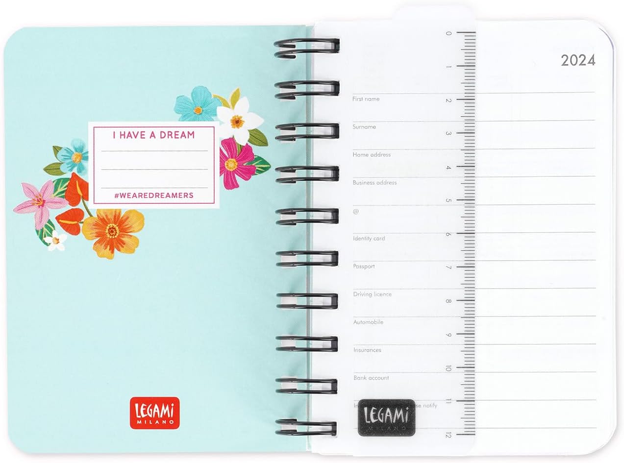 Legami - Small Spiral Daily Diary, 12 Months, from January 2024 to December 2024, Folding Planner 2024/2025, Elastic Closure, Final Pocket, Address Book, 8.5x13 cm, Flowers Theme