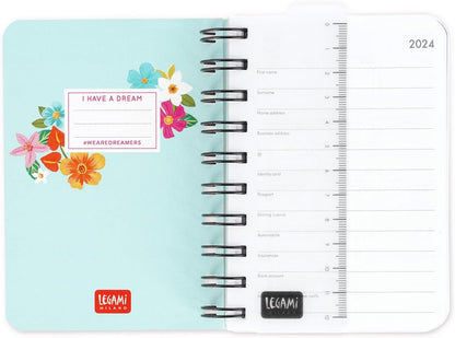Legami - Small Spiral Daily Diary, 12 Months, from January 2024 to December 2024, Folding Planner 2024/2025, Elastic Closure, Final Pocket, Address Book, 8.5x13 cm, Flowers Theme