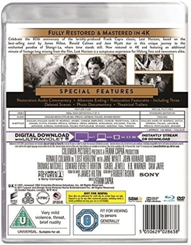 The Lost Horizon 80th Anniversary Remastered Blu Ray / Slipcased Edition Includes Blu Ray / DVD / Digital Download / Booklet / Region Free Blu Ray
