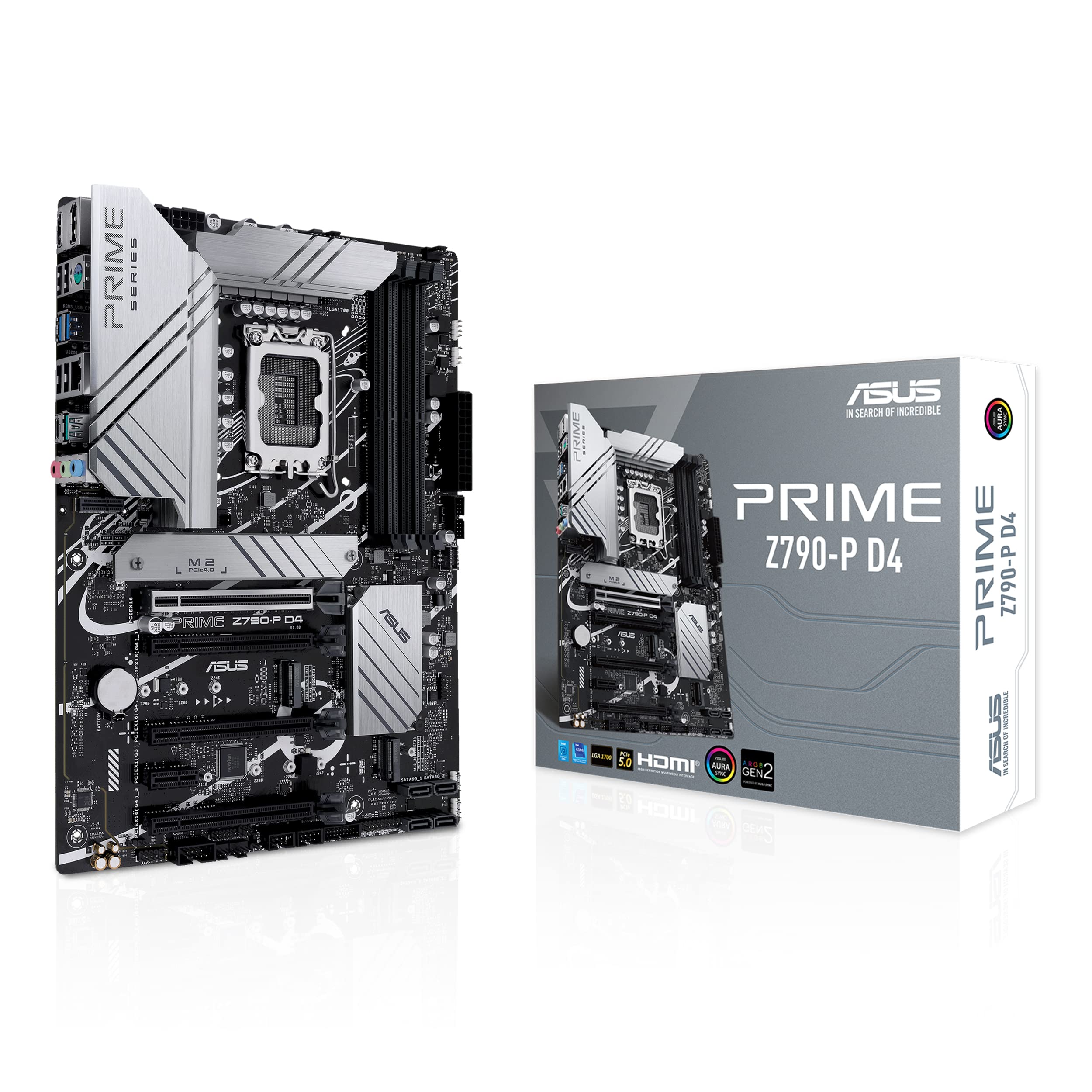 ASUS Prime Z790-P D4, an Intel Z790 LGA 1700 ATX motherboard with PCIe 5.0, three M.2 slots, 14+1 DrMOS, DDR4, Realtek 2.5 Gb LAN, HDMI, DP, USB 3.2 Gen 2x2 Type-C, front USB 3.2 Gen 2 Type-C Z790 PRIME Z790-P D4