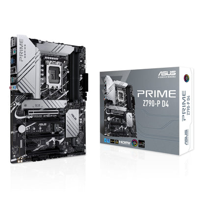 ASUS Prime Z790-P D4, an Intel Z790 LGA 1700 ATX motherboard with PCIe 5.0, three M.2 slots, 14+1 DrMOS, DDR4, Realtek 2.5 Gb LAN, HDMI, DP, USB 3.2 Gen 2x2 Type-C, front USB 3.2 Gen 2 Type-C Z790 PRIME Z790-P D4